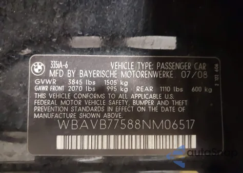 2008 BMW 335I из США, поврежденный, VIN WBAVB77588NM06517